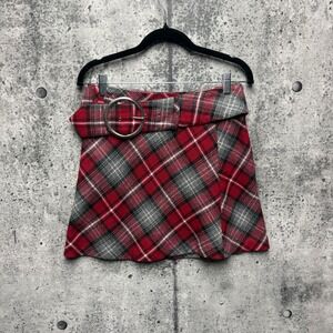 Exact Change Red Grey Plaid Belted Mini Skirt O-Ring Buckle Size 5